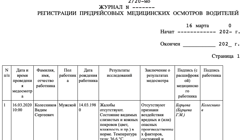 Образец журнала регистрации предрейсовых медицинских осмотров водителей