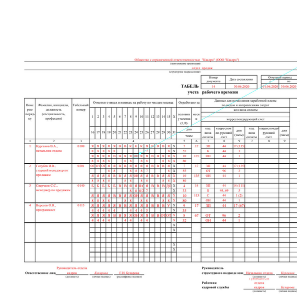 Образец заполнения табеля рабочего времени